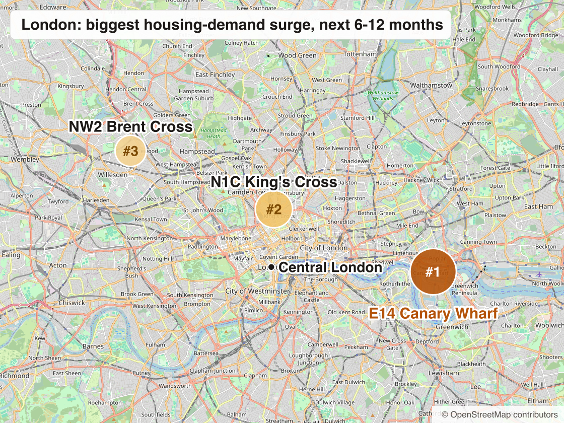 Map of London with the three postcode districts marked by rank: #1 E14 Canary Wharf in the east, #2 N1C King's Cross in the centre-north, and #3 NW2 Brent Cross/Cricklewood in the northwest